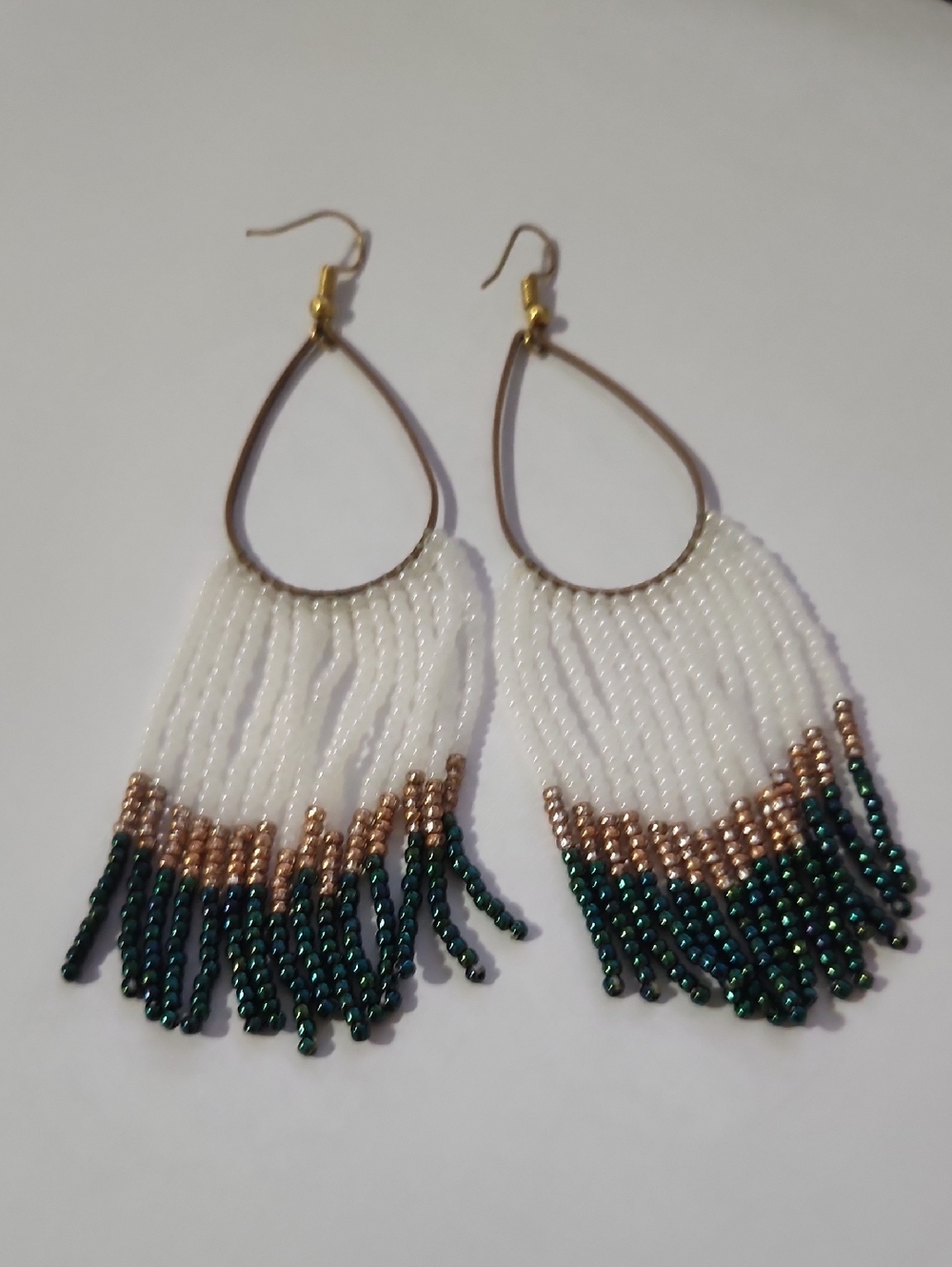 Beaded Fringe Teardrop Earrings in White, Gold & Green